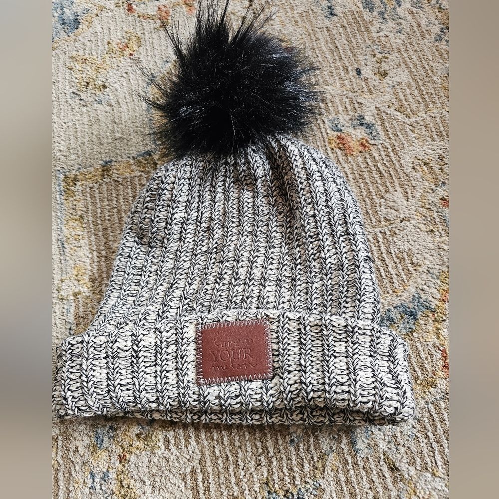 Love Your Melon Beanie With Brown Leather Patch & Removable Pom Pom, Like New!